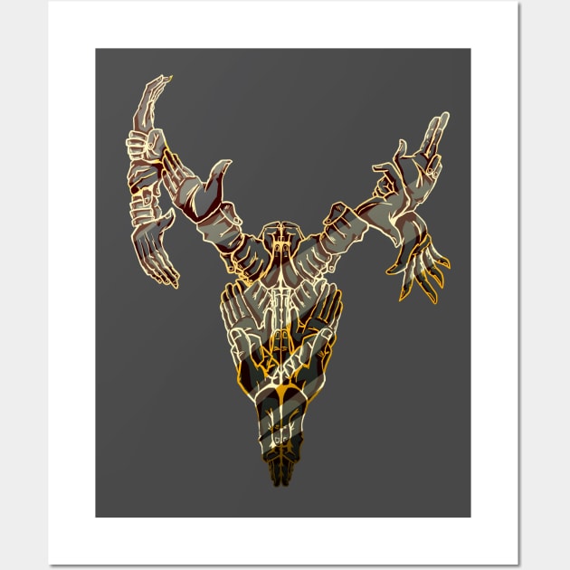 Psychedelic Deer Skull Made of Hands Black and Gold Metal Wall Art by AidanThomas